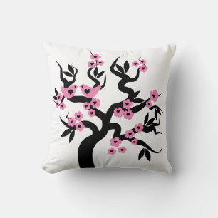 Coussin Inséparables noirs roses sakura fleurs de cerisier