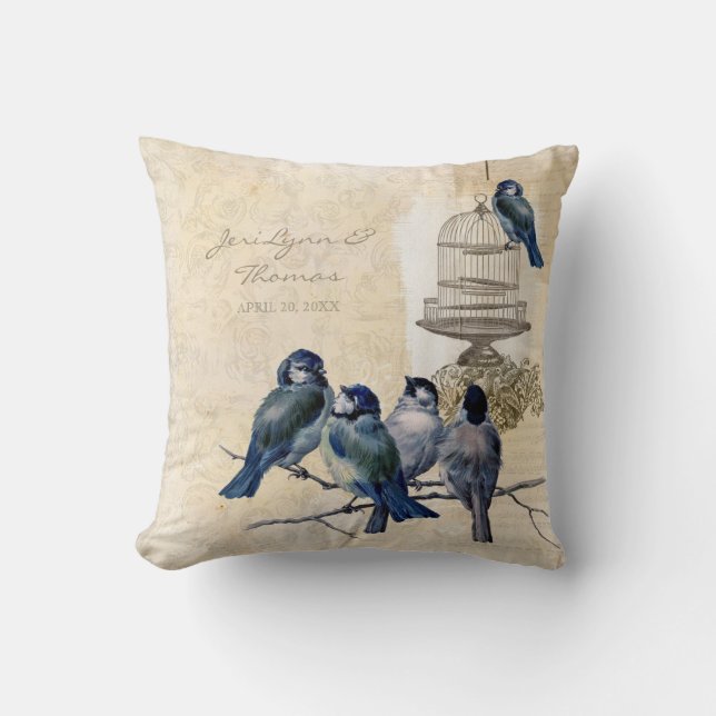 Coussin Inséparables vintages Birdcage Postage Personnalis (Recto)