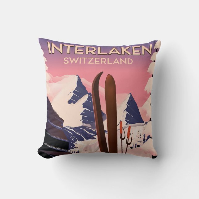Coussin Interlaken Suisse poster voyage ski. (Recto)