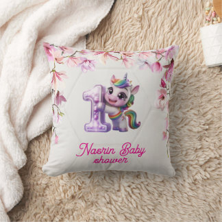 Coussin Invitation à une baby shower avec licorne