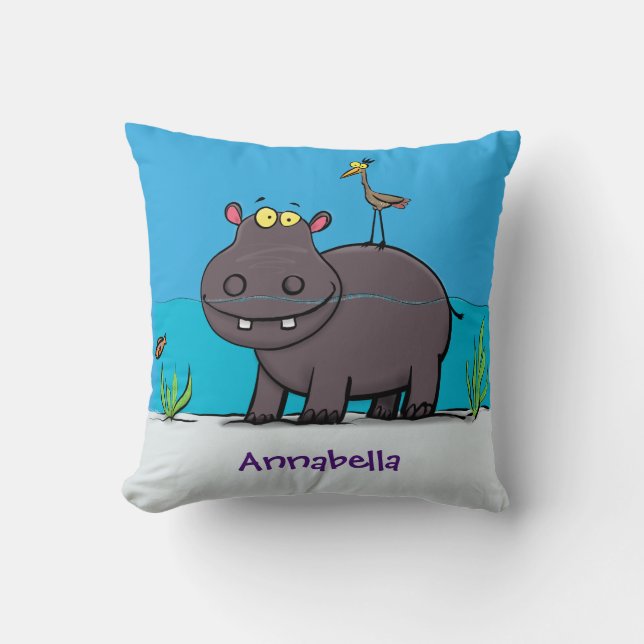 Coussin Ippopotame drôle mignon avec dessin animé d'oiseau (Recto)