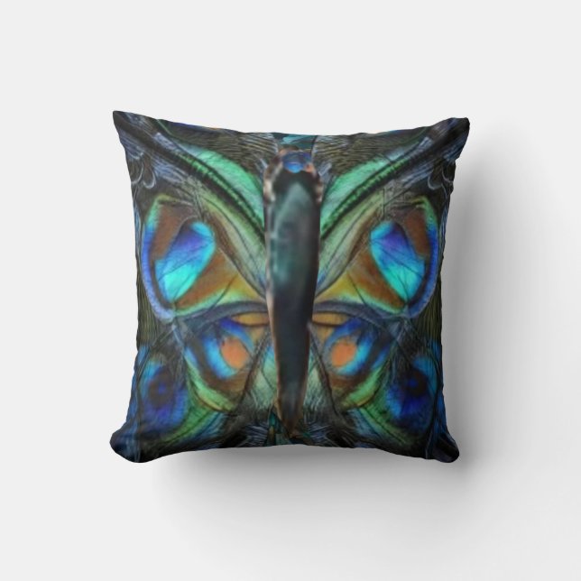 Coussin Iridescent blue green butterfly on pillow (Recto)