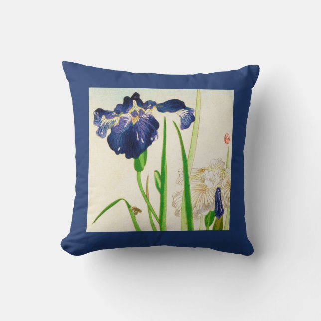 Coussin Iris bleu, aquarelle japonaise Vintage (Recto)