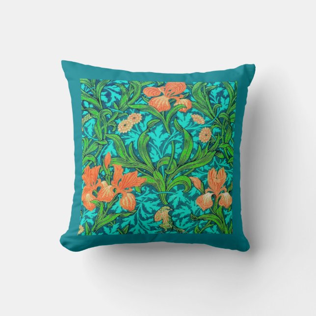 Coussin Iris, orange et turquoise de William Morris (Recto)