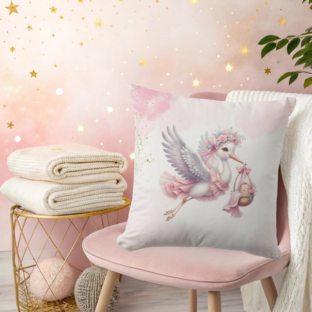 Coussin It's a Girl Pink Stork Pink Clouds Baby Shower  (Créateur téléchargé)