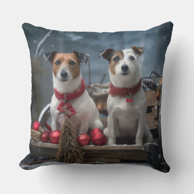 Coussin Jack Russell Snowy Sleigh Décor de Noël (Recto)
