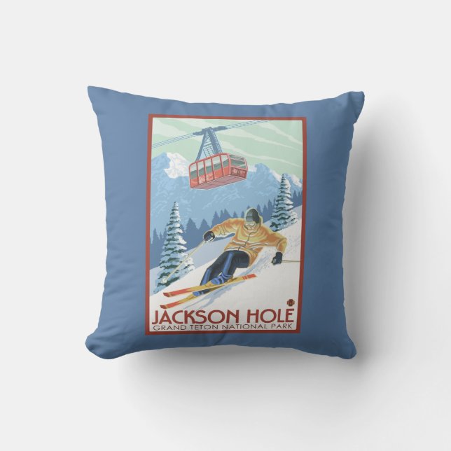 Coussin Jackson Hole, skieur du Wyoming et tram (Recto)