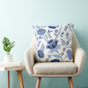 Coussin Jacobean Floral Lg Motif Bleu sur Blanc
