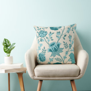 Coussin Jacobean Floral Lg Motif Teals sur Crème