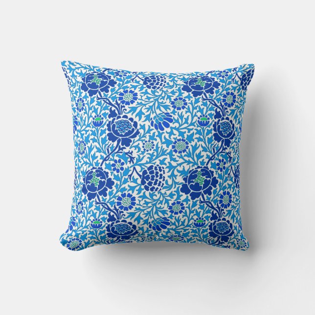 Coussin Jacobean Floral, Navy et Cerulean Blue (Recto)