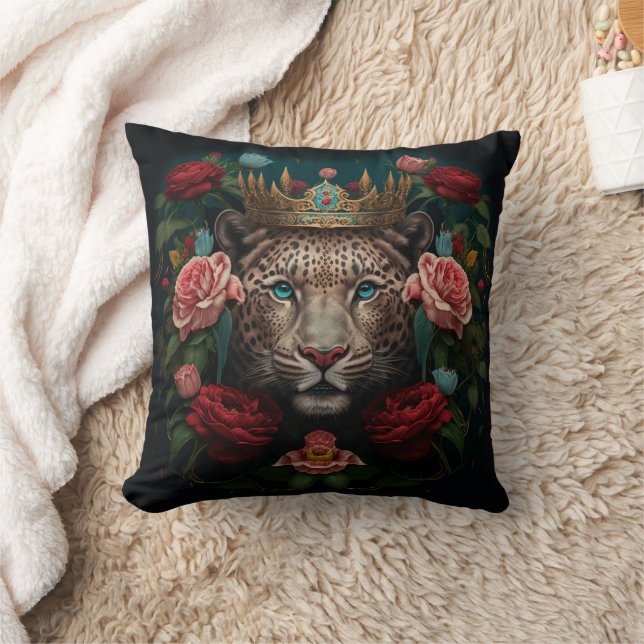 Coussin Jaguar with Crown in Flowers Painting              (Couverture)