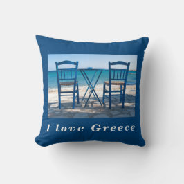 Coussin J'aime Grèce taverna photo bleu et blanc