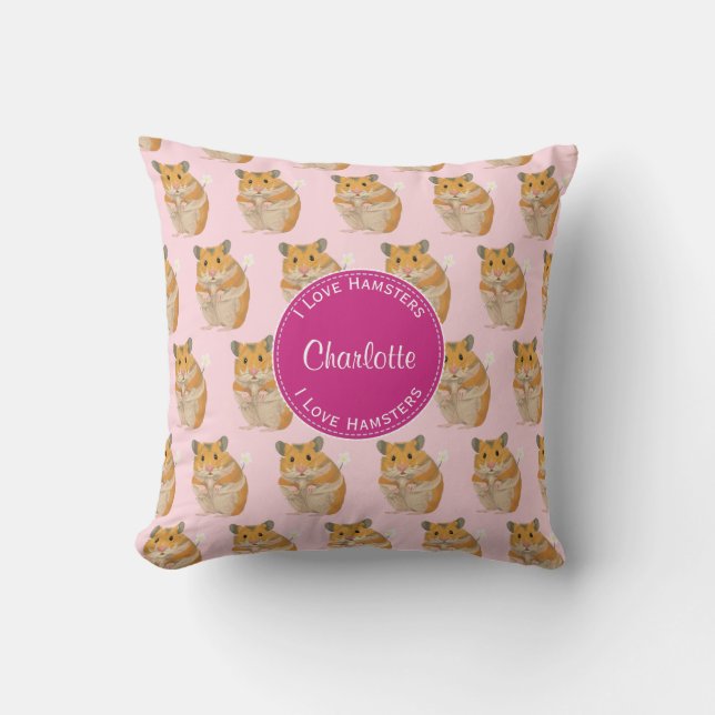 Coussin J'aime le motif rose de hamster de hamsters (Recto)