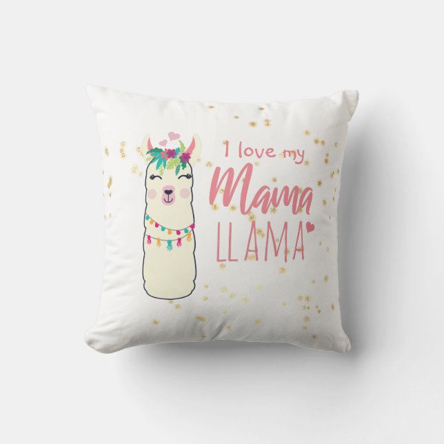 Coussin J'Aime Ma Mama Llama Cute Girls Pink Gold Douche (Recto)