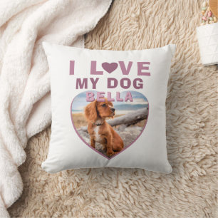 Coussin J'aime mon chien rose Coeur Photo Nom de l'animal