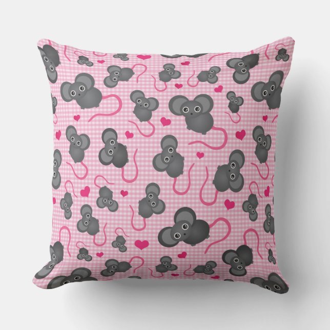 Coussin J'aime mon motif de souris dans le rose (Recto)