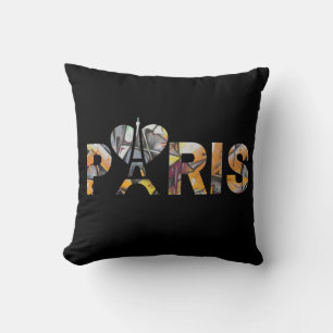 Coussin J'aime Paris avec un décor urbain bien coloré.