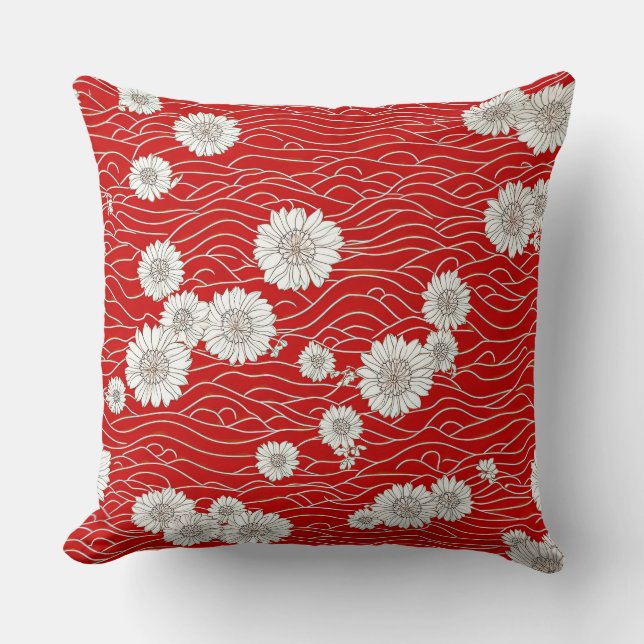Coussin Japanese White Chysanthemums on Red Waves (Recto)