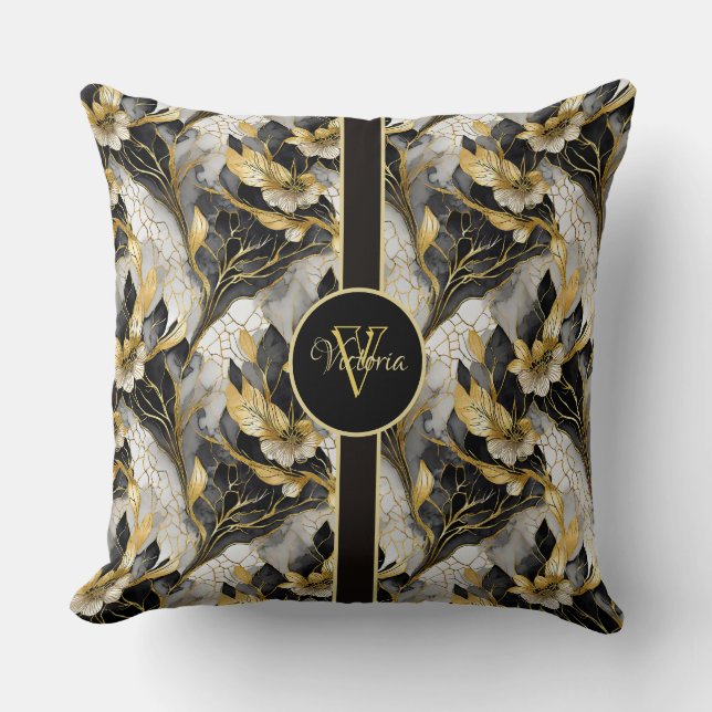 Coussin Japonais Elegant or et noir Marbleizé Floral (Recto)