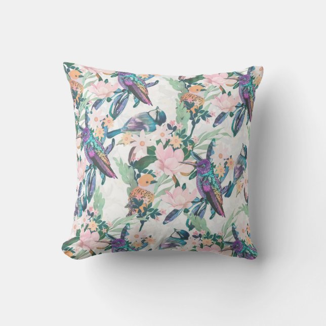 Coussin Jardin botanique blanc Fleurs et oiseaux (Recto)
