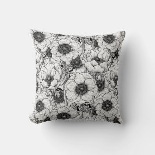 Coussin Jardin d'anémones en noir et blanc