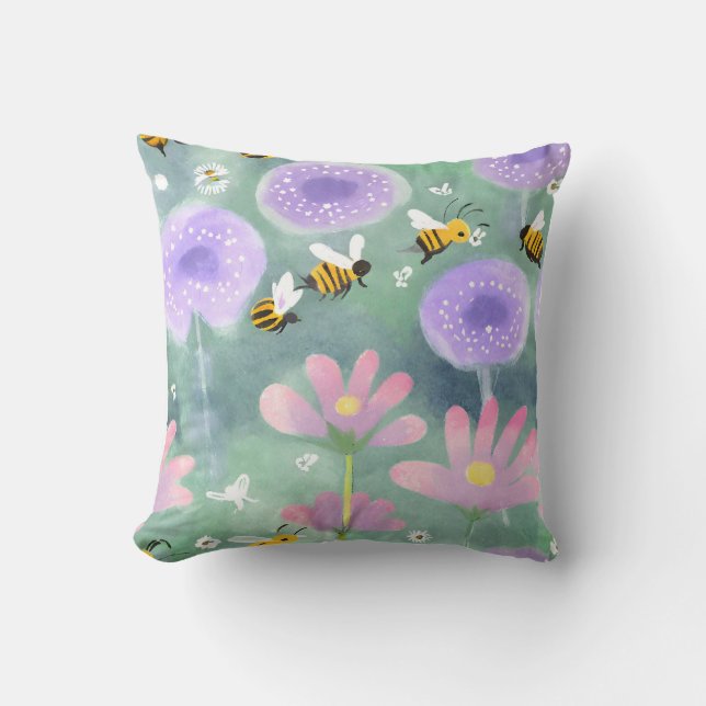Coussin Jardin D'Aquarelle Vibrant Avec Fleurs D'Abeilles (Recto)