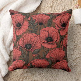 Coussin Jardin de coquelicot dans le corail et brun