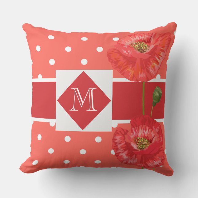 Coussin Jardin de pavot à poches et rouge monogramme (Recto)