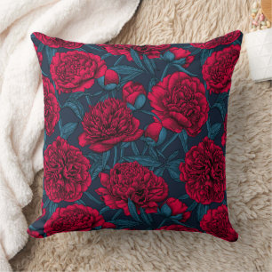 Coussin Jardin de pivoine rouge sur bleu foncé