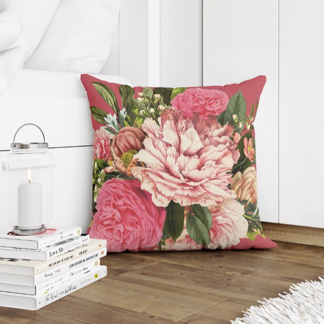 Coussin jardin d'été corail crème et fleurs vertes (Créateur téléchargé)