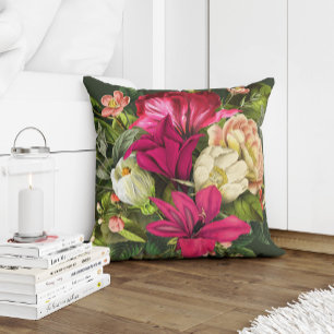 Coussin Jardin d'été magenta crème rose et fleurs vertes