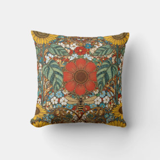 Coussin Jardin floral Art Nouveau – Tournesols, Abeille