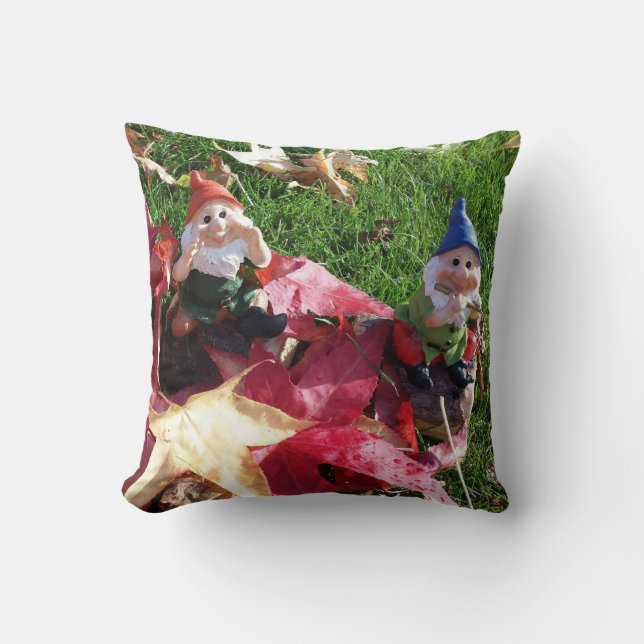 Coussin Jardin Gnomes dans le Jardin Automne Rouge Feuille (Recto)