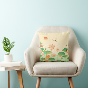 Coussin Jardin Japonais Étang de Carpes Koï et Nymphéas Ar