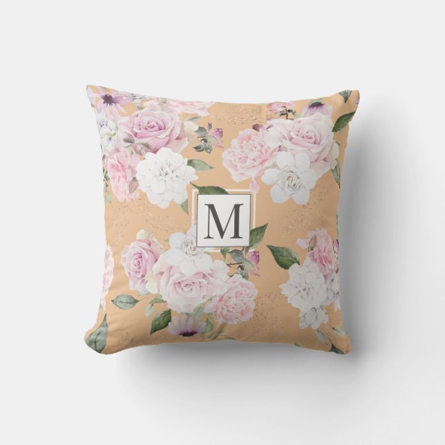 Coussin Jardin rose Élégant Monogramme Floral Jeu d'oreill (Recto)