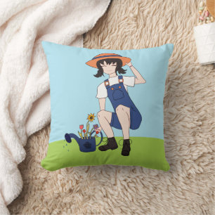 Coussin Jardinage fille avec fleurs cheveux noirs