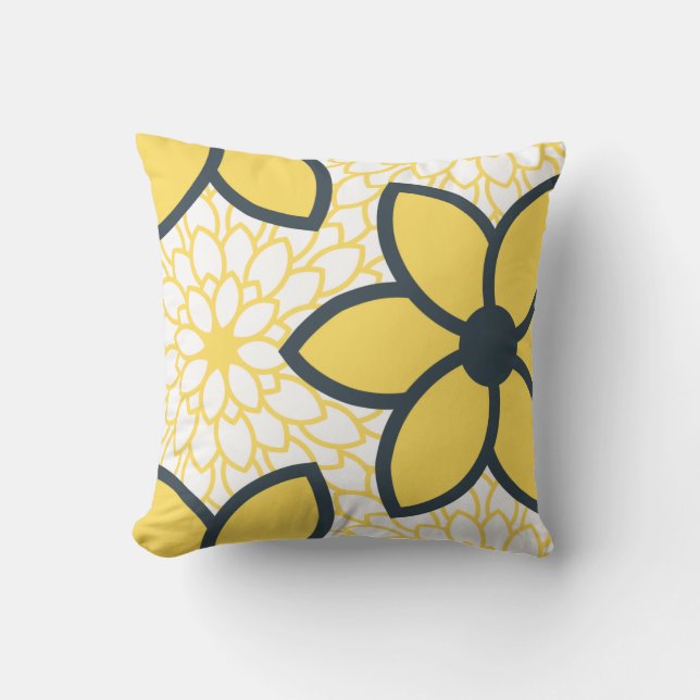 Coussin Jaune, blanc et charbon de bois Floral moderne (Recto)