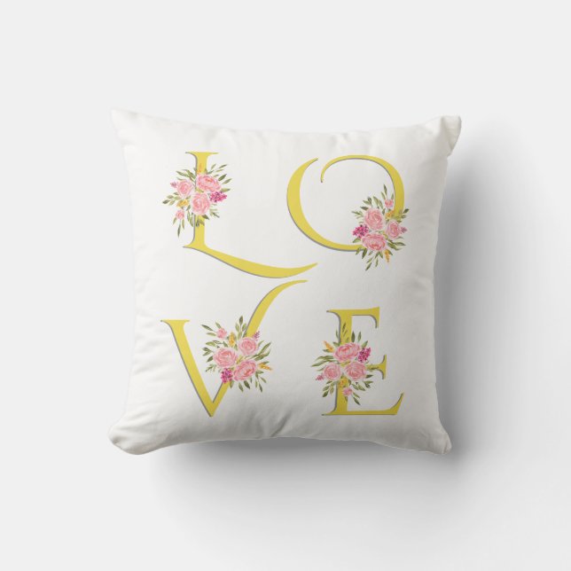 Coussin Jaune, gris floral Love typographie Valentines (Recto)