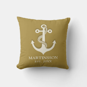Coussin Jaune Moutarde Blanc Ancre Nom Date Nautical