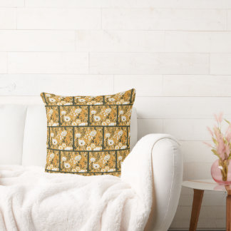 Coussin Jaune Moutarde et Fleur Botanique Blanche