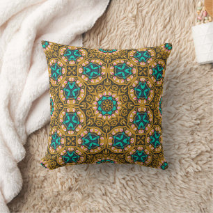Coussin Jaune Noir Turquoise Motif Géométrique Mandela