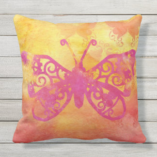 Coussin Jaune orange Handpaint de rose de papillon