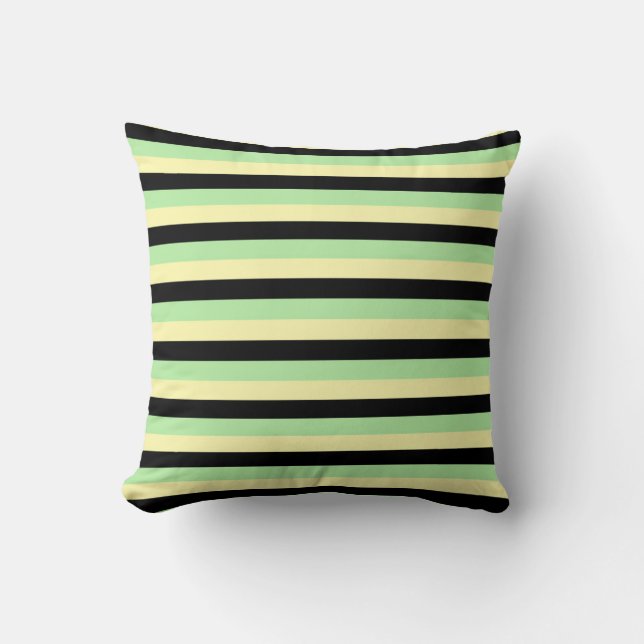Coussin Jaune pâle, noir et vert doux rayures (Recto)