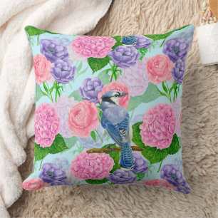 Coussin Jay bleu et fleurs motif aquarelle