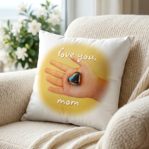 Coussin Je t'aime maman enfant main tenant photo cœur bleu