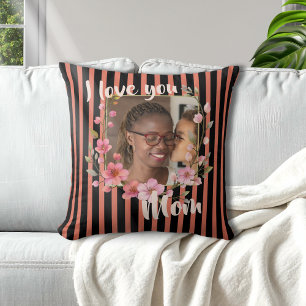 Coussin Je t'aime maman Photo florale de corail noir
