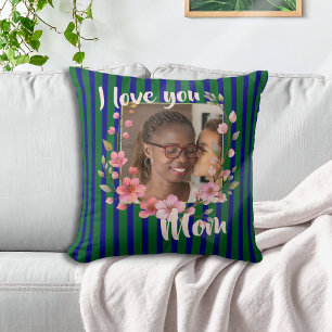 Coussin Je t'aime maman rayé floral marine vert Photo