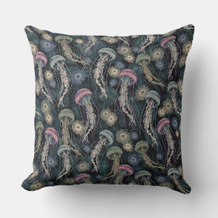 Coussin Jellyfish et anémones éthériques en Turquoise et r