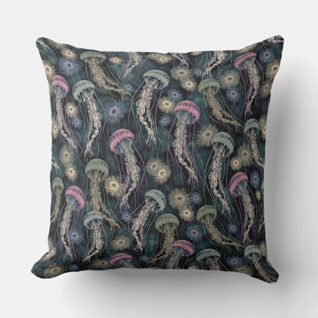 Coussin Jellyfish et anémones éthériques en Turquoise et r (Recto)
