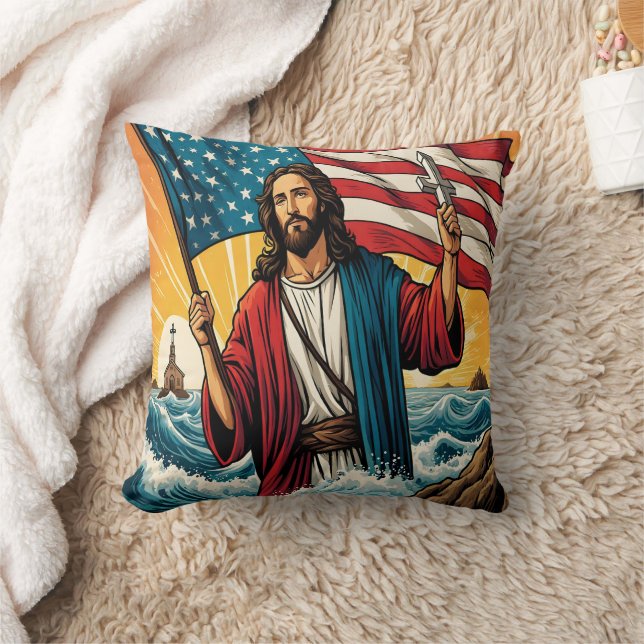 Coussin Jésus avec drapeau américain par mer couché de sol (Couverture)